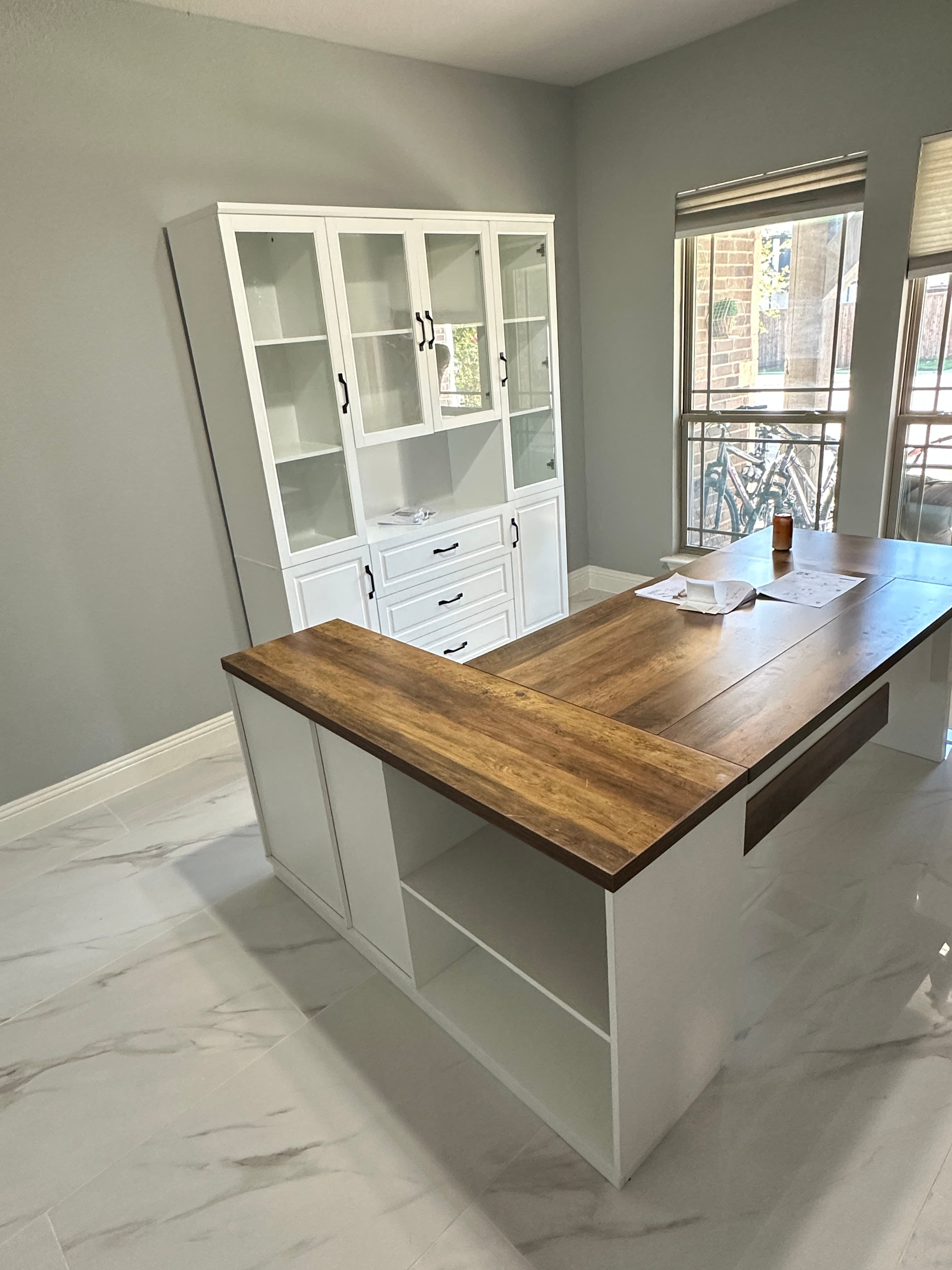 Kitchen island sideboard with white cabinet and wood countertop