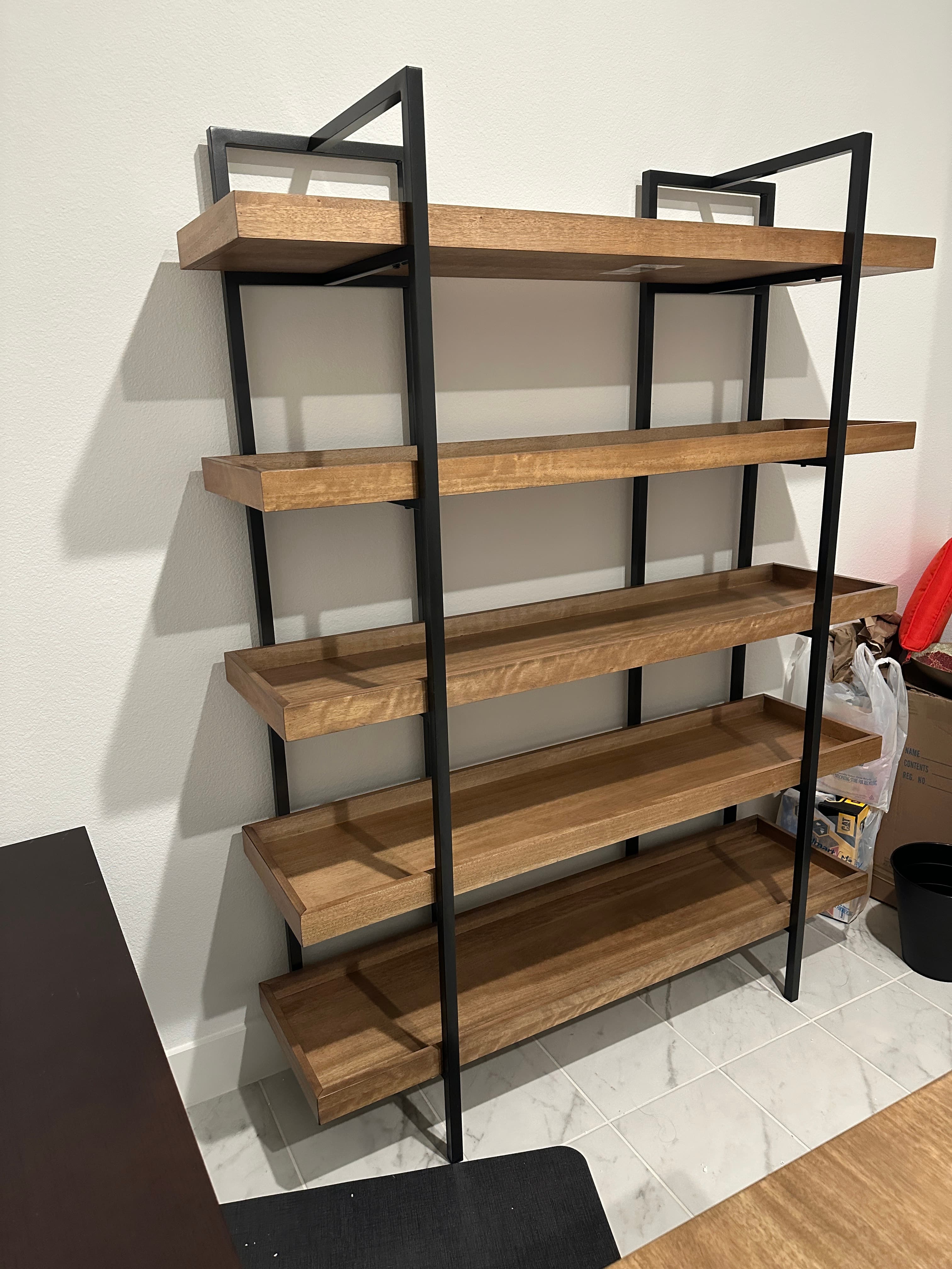 Industrial metal and wood open shelving unit
