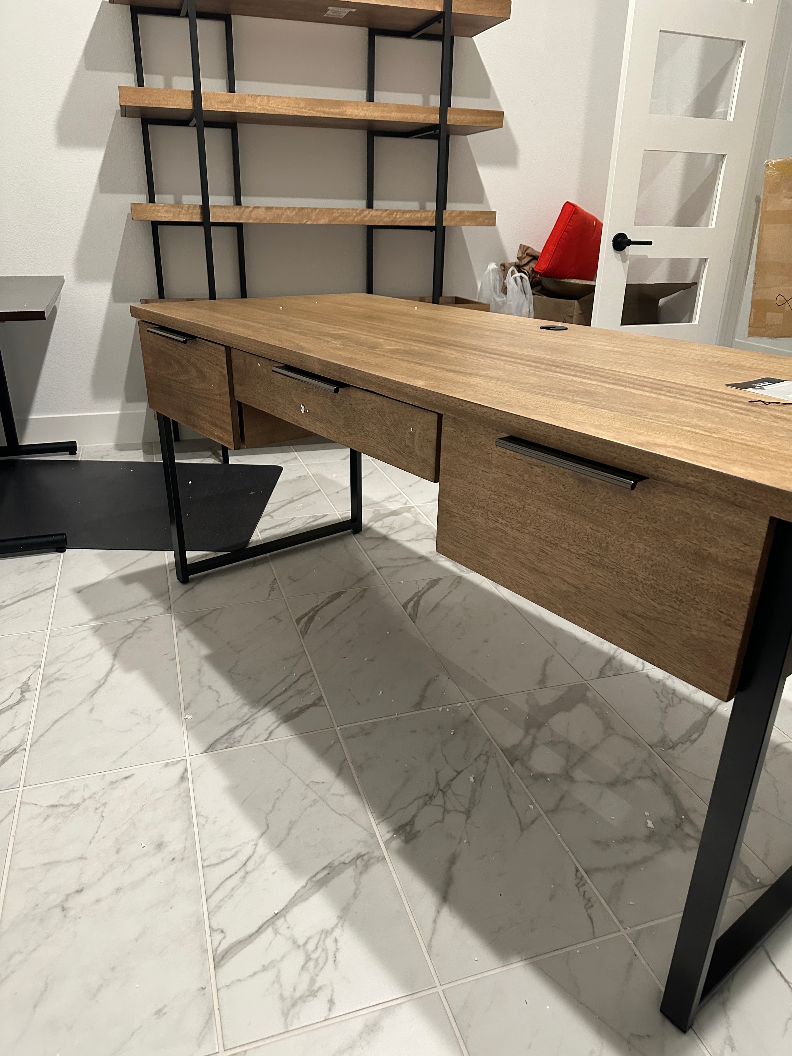 Wood and metal shelving system with cabinet