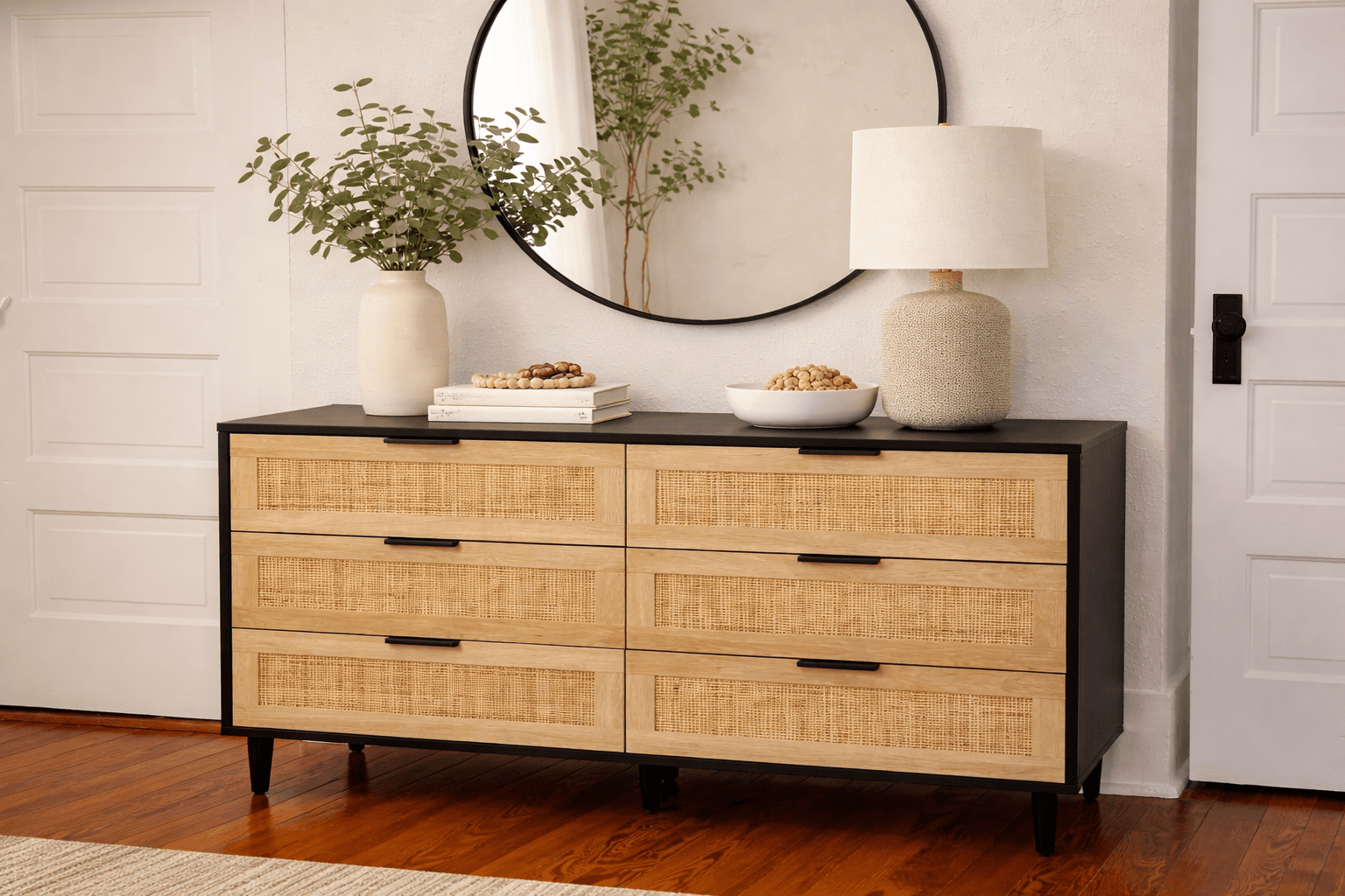 Modern wall-mounted storage unit with wood and white finish