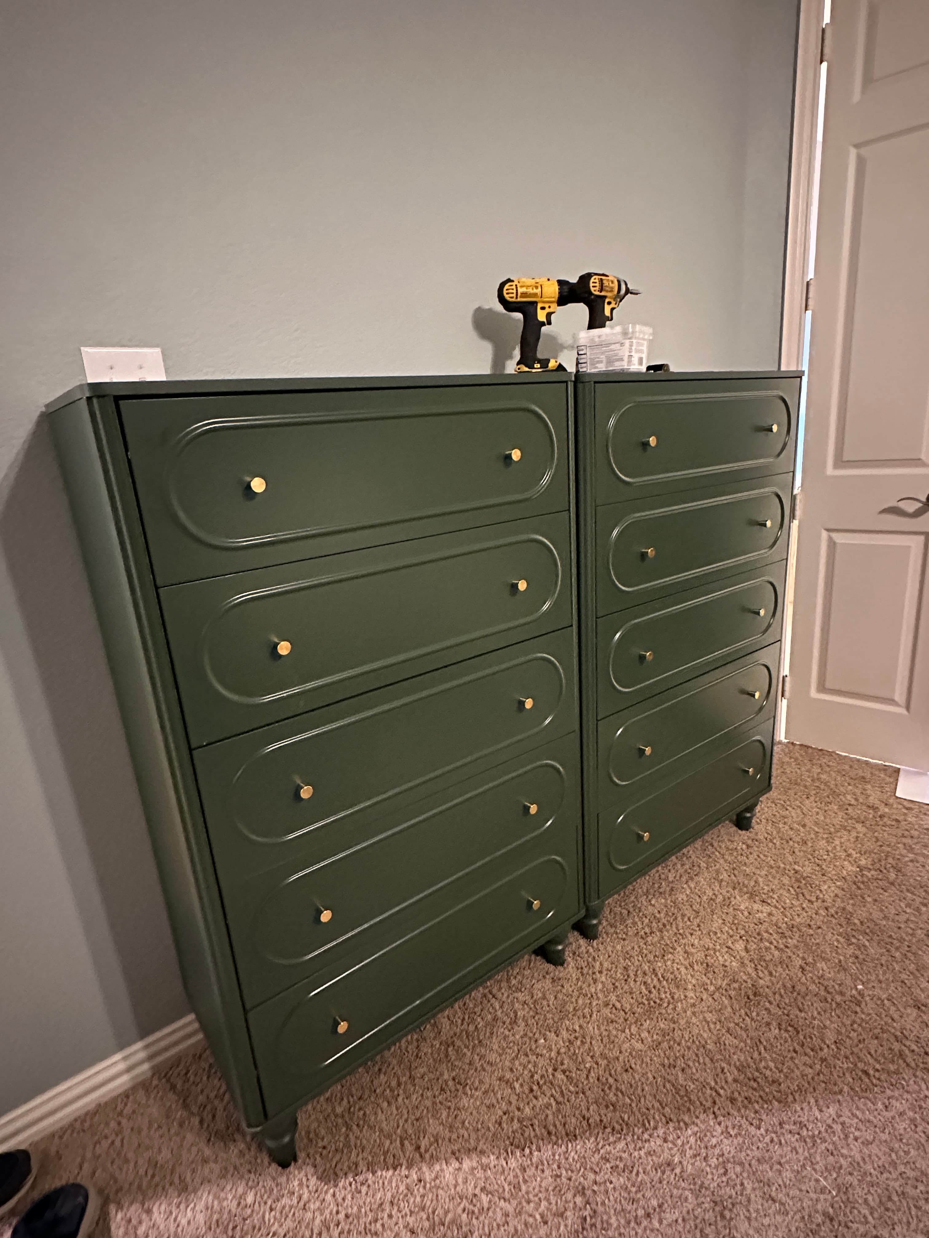 Green sage cabinet with decorative panel doors