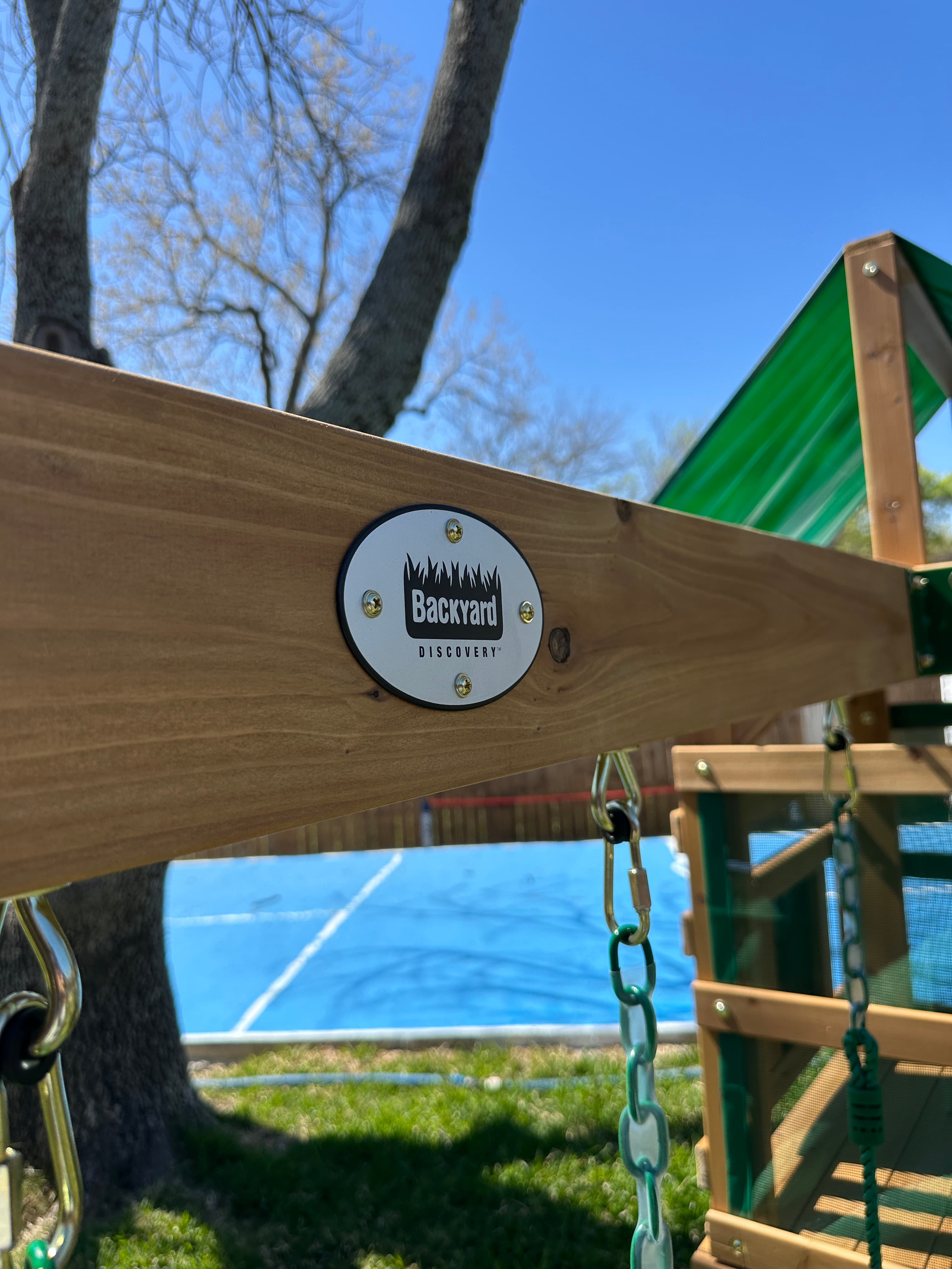 Outdoor furniture detail with maker's plate