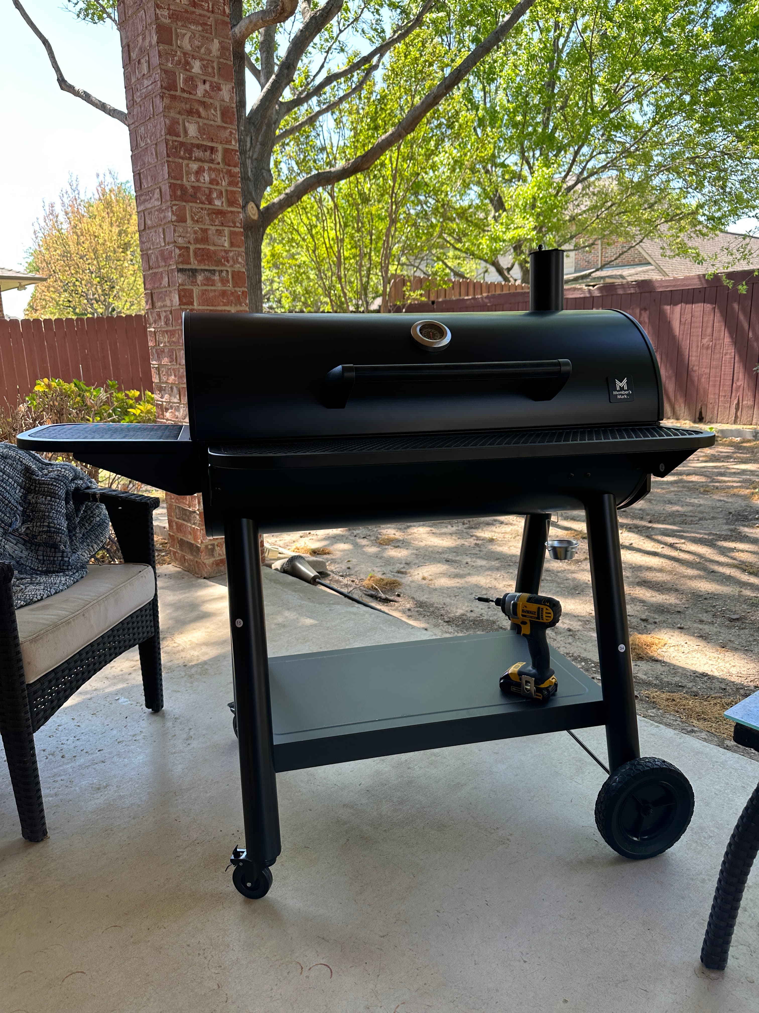 Black outdoor smoker grill assembly