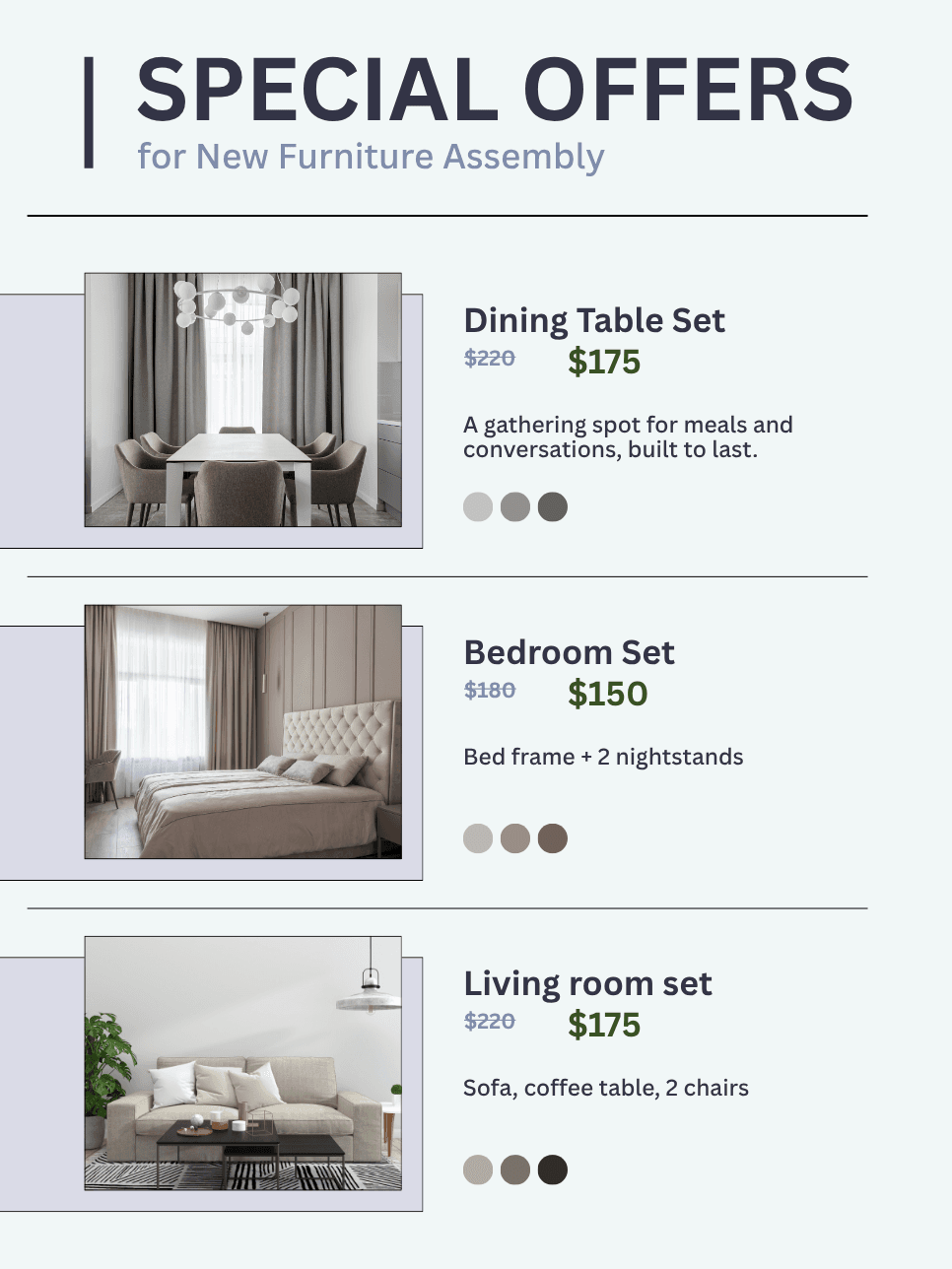 Special Offers for New Furniture Assembly — Dining Table Set $175, Bedroom Set $150, Living Room Set $175