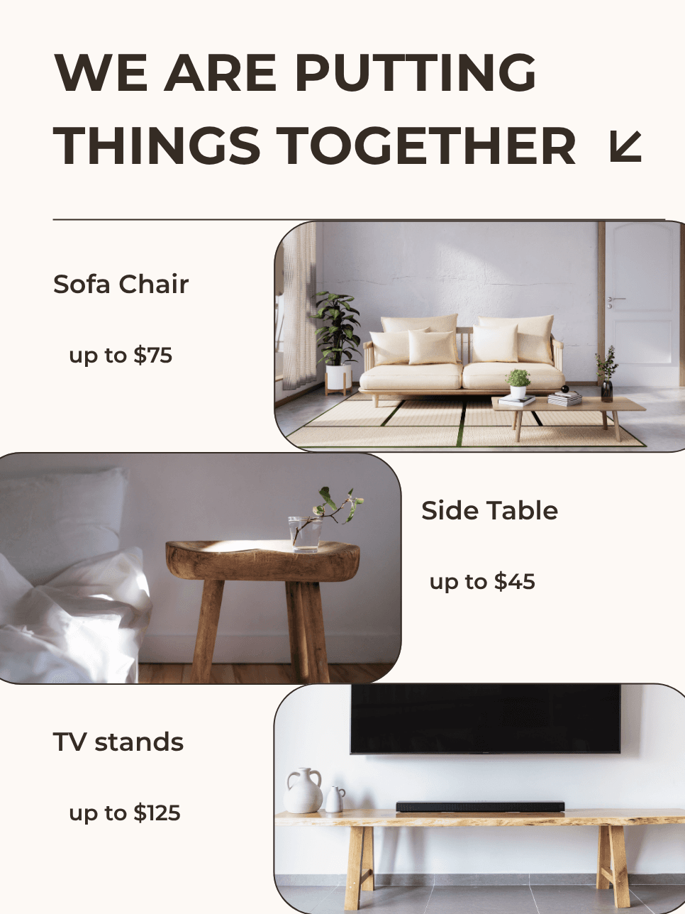We Are Putting Things Together — Sofa Chair up to $75, Side Table up to $45, TV Stands up to $125